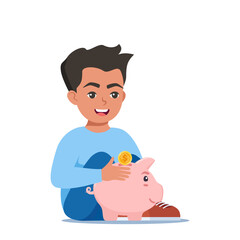 Happy boy kid putting a gold coin into a piggy bank. Money saving, economy. Vector illustration.