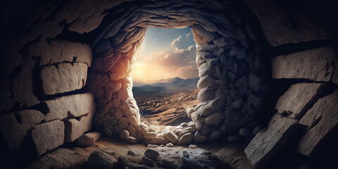 Christ is risen, view from inside the tomb Generative ai