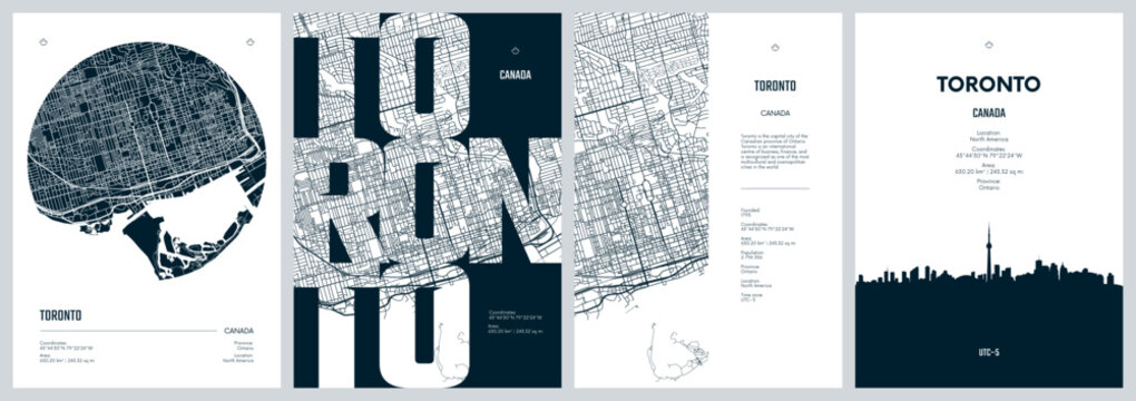 Set of travel posters with Toronto, detailed urban street plan city map, Silhouette city skyline, vector artwork