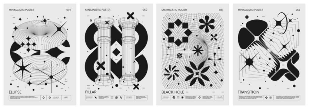 Futuristic retro vector minimalistic Posters with strange wireframes graphic assets of geometrical shapes modern design inspired by brutalism and silhouette basic figures, set 13