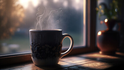 Soothing Sips: A Steamy Cup of Coffee on a Windowsill (created with Generative AI)