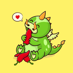 Cute dragon eating chili pepper, fantasy animal icon concept, isolated on yellow background. Dragon character flat cartoon style