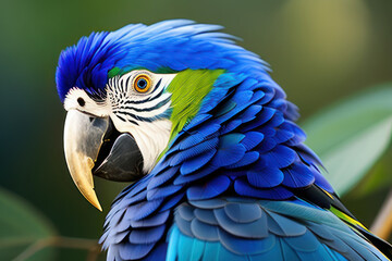 Ara parrot in the treetops in a tropical rainforest. Comforting atmosphere Sunlight lighting.Romantic atmosphere, bright flowers and leaves, exotic plants, vines.