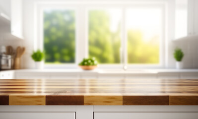 Selective focus.Wood table top counter island  and blur kitchen room background.ai generated images