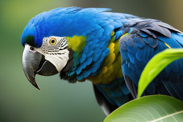 Obraz premium Ara parrot in the treetops in a tropical rainforest. Comforting atmosphere Sunlight lighting.Romantic atmosphere, bright flowers and leaves, exotic plants, vines.