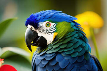 Ara parrot in the treetops in a tropical rainforest. Comforting atmosphere Sunlight lighting.Romantic atmosphere, bright flowers and leaves, exotic plants, vines.