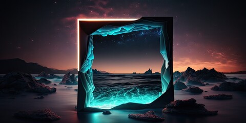 Abstract Neon Background with Extraterrestrial Landscape Using 3D Render and Rhombus Geometric Shape. Generative AI