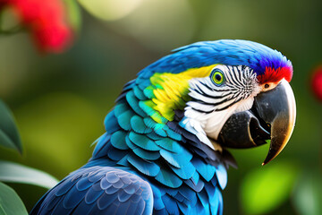 Fototapeta premium Ara parrot in the treetops in a tropical rainforest. Comforting atmosphere Sunlight lighting.Romantic atmosphere, bright flowers and leaves, exotic plants, vines.