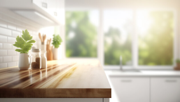 Selective focus.Wood table top counter island  and blur kitchen room background.ai generated images
