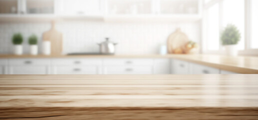 Fototapeta na wymiar Selective focus.Wood table top counter island and blur kitchen room background.ai generated images