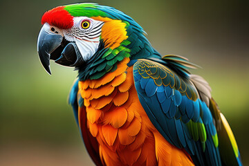 Fototapeta premium Ara parrot in the treetops in a tropical rainforest. Comforting atmosphere Sunlight lighting.Romantic atmosphere, bright flowers and leaves, exotic plants, vines.