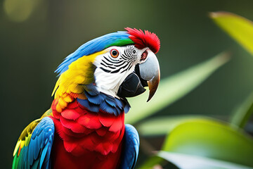 Fototapeta premium Ara parrot in the treetops in a tropical rainforest. Comforting atmosphere Sunlight lighting.Romantic atmosphere, bright flowers and leaves, exotic plants, vines.