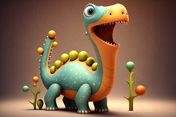 Fototapeta premium 3D super cute cheerful Brachiosaurus cartoon. A group of primitive reptile dinosaurs from the Jurassic period. Generative AI 