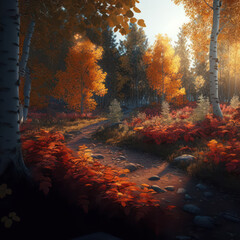 Generative AI illustration image of stunning Autumn Fall forest landscape image at golden hour with beautiful light