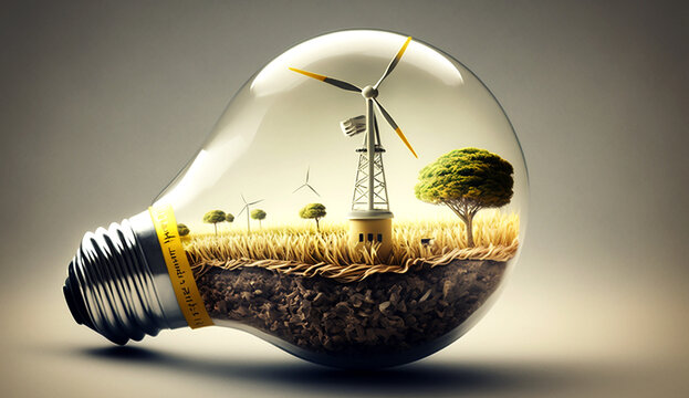 Light bulb with a wind generator, renewable energy concept. Generative AI.