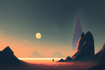 Generative AI illustration image of surreal sci-fi concept art alien landscape isolation solitude image - 580357183