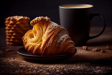 Cup of coffee and croissant on dark wooden background. Generative AI