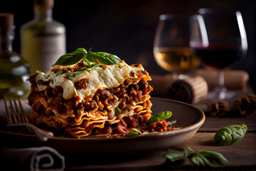 Traditional lasagna bolognese with meat, cheese and vegetables. Generative AI