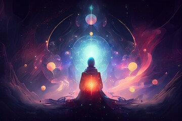 illustration of man meditation. person sitting on universe meditating over the ocean with Milky Way background, back view. Generative Ai