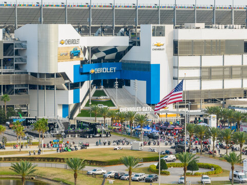 Aerial photo of Daytona International Speedway demo events during bike week