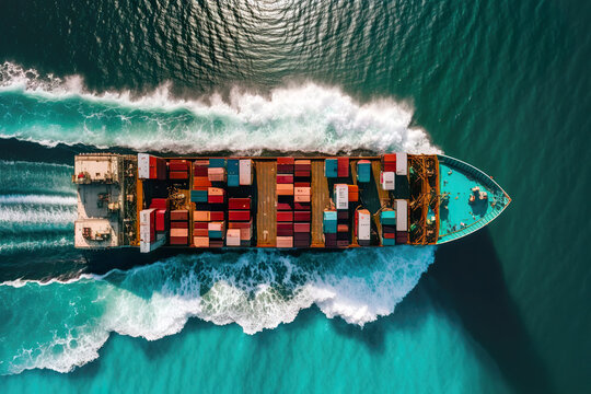 Aerial Shot with the container cargo ship at sea or ocean. Logistic goods transport import and export goods transport in containers with the container ship. AI generated illustration.
