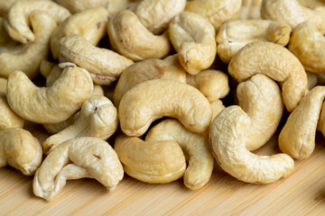 Hard roasted and peeled cashew nuts on the table