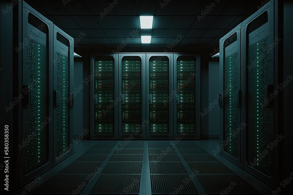Poster data center server room with linked devices against a dark backdrop. generative ai