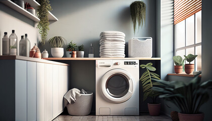 Laundry room interior with washing machine near wall. Generative AI