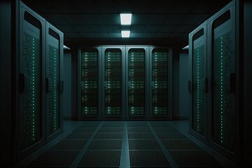 Data center server room with linked devices against a dark backdrop. Generative AI