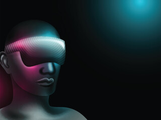 3D Render of Man Face Wearing VR Goggles And Lights Effect On Dark Background.