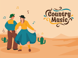 Country Music Poster Design With Faceless Cowboy And Cowgirl Performing Dance On Cactus Sand Landscape Background.