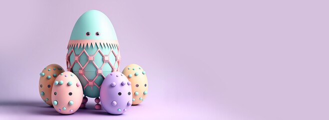 Fototapeta na wymiar 3D Render of Robotic Egg Shapes Against Pastel Purple Background. Happy Easter Day Concept.