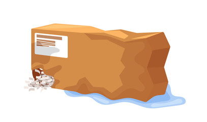 Damaged Cardboard Box With Dented Corners And Torn Flaps Isolated on White. Concept of Fragility, Wear And Tear