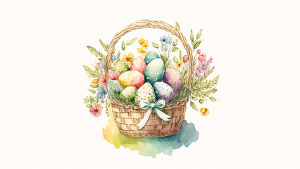 Fototapeta na wymiar Colorful Printed Eggs Inside Floral Basket And Copy Space. Easter Concept.
