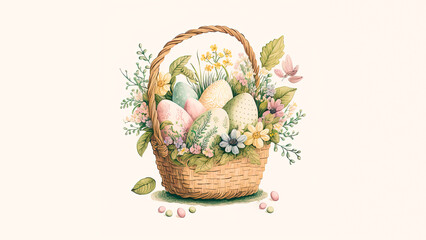 Fototapeta na wymiar Vintage Style Colorful Printed Eggs Inside Floral Basket And Copy Space. Easter Concept.