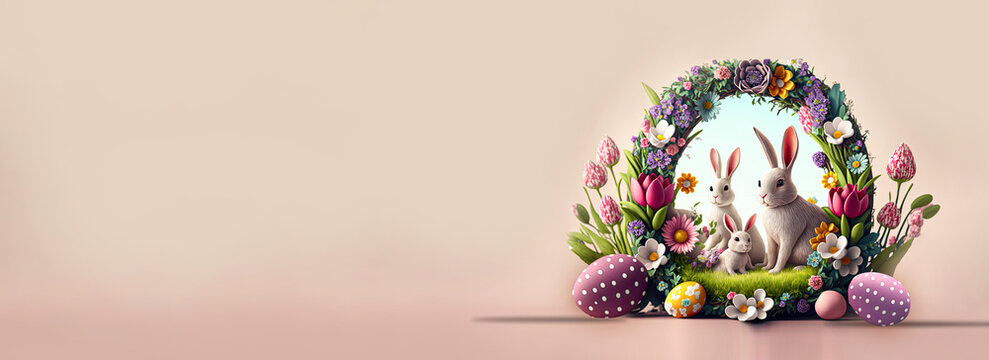 3D Render Of Bunny Family With Colorful Flowers, Egg Decorative Circular Arch Against Pastel Pink Background And Copy Space. Happy Easter Concept.