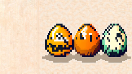 Pixel Style Colorful Eggs Against Peach Background And Copy Space. Happy Easter Concept.