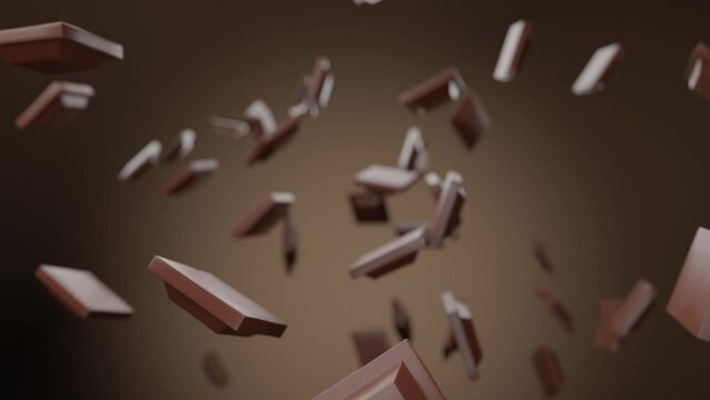 Realistic 3D animation of the milk chocolate pieces falling from the top. High quality 4k rendered footage
