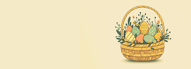 Fototapeta na wymiar Doddle Style Colorful Printed Eggs Inside Floral Basket Against Pastel Yellow Background And Copy Space. Easter Concept.