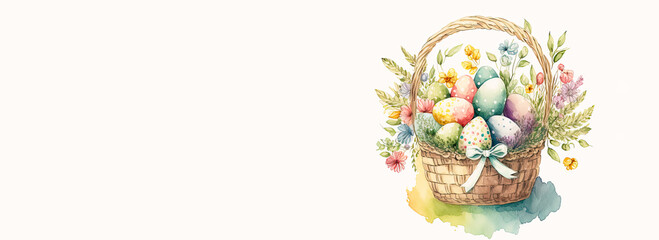 Fototapeta na wymiar Flat Style Colorful Printed Eggs Inside Floral Basket And Copy Space. Easter Concept.