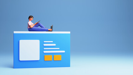 3D Render of Female Using Tablet On Website And Blue Background With Copy Space.