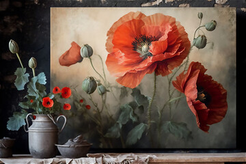 Rustic image of poppies leaning against the wall, abstract. Minimalist postcard, closeup, generative AI.