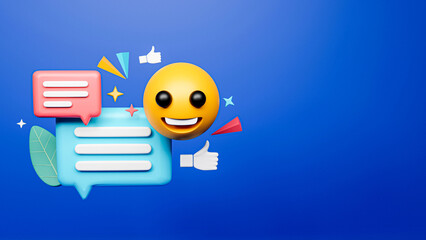 3D Render of Social Media Feedback And Comments On Blue Background With Copy Space.