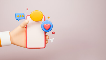 3D Render of Human Hand Holding Smartphone With Heart Sign, Chat Boxes, Cursor or Paper Plane And Copy Space.