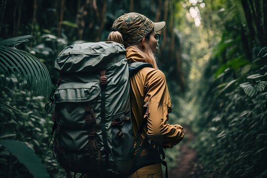 Woman with hat and backpack hiking in the jungle. Side view of a backpacker in a tropical forest. Generative AI.