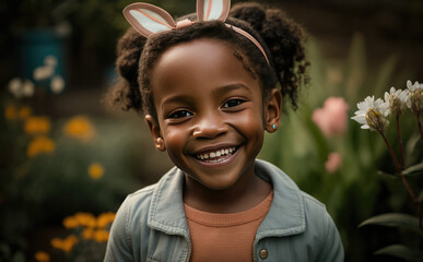 smiling child wearing bunny ears created with Generative AI technology