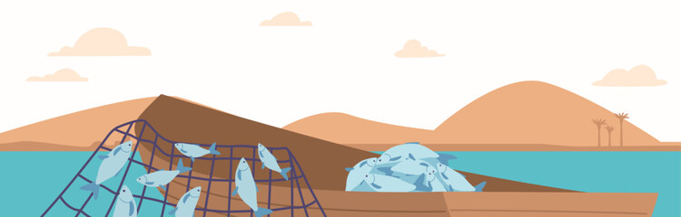 Fish Caught In Boat With Nets At Serene Ocean Background With Sand Dunes And Palms. Concept Of Fishing Industry