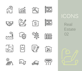 Real estate outline icons. Set of 20 real estate outline icons, vector illustrations. 
Contains such as: solar panel, moving, rent, sale, factory and more.