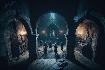 Exploring a Gothic Castle Dungeon: Epic Composition with Unreal Engine 5, Insane Details and Beautifully Color-Coded Interiors , Generative ai - obrazy, fototapety, plakaty