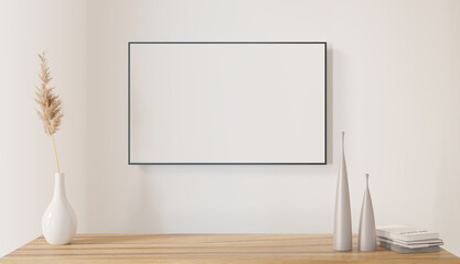 Picture frame in white room mock up design, 3d illustration rendering